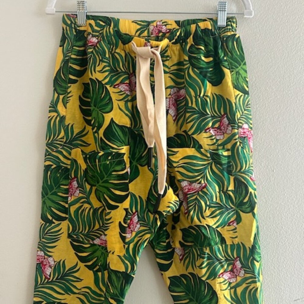 FREE PEOPLE x Sandrine Rose Yellow Palm Trees Tie Elastic Waist Pants NEW